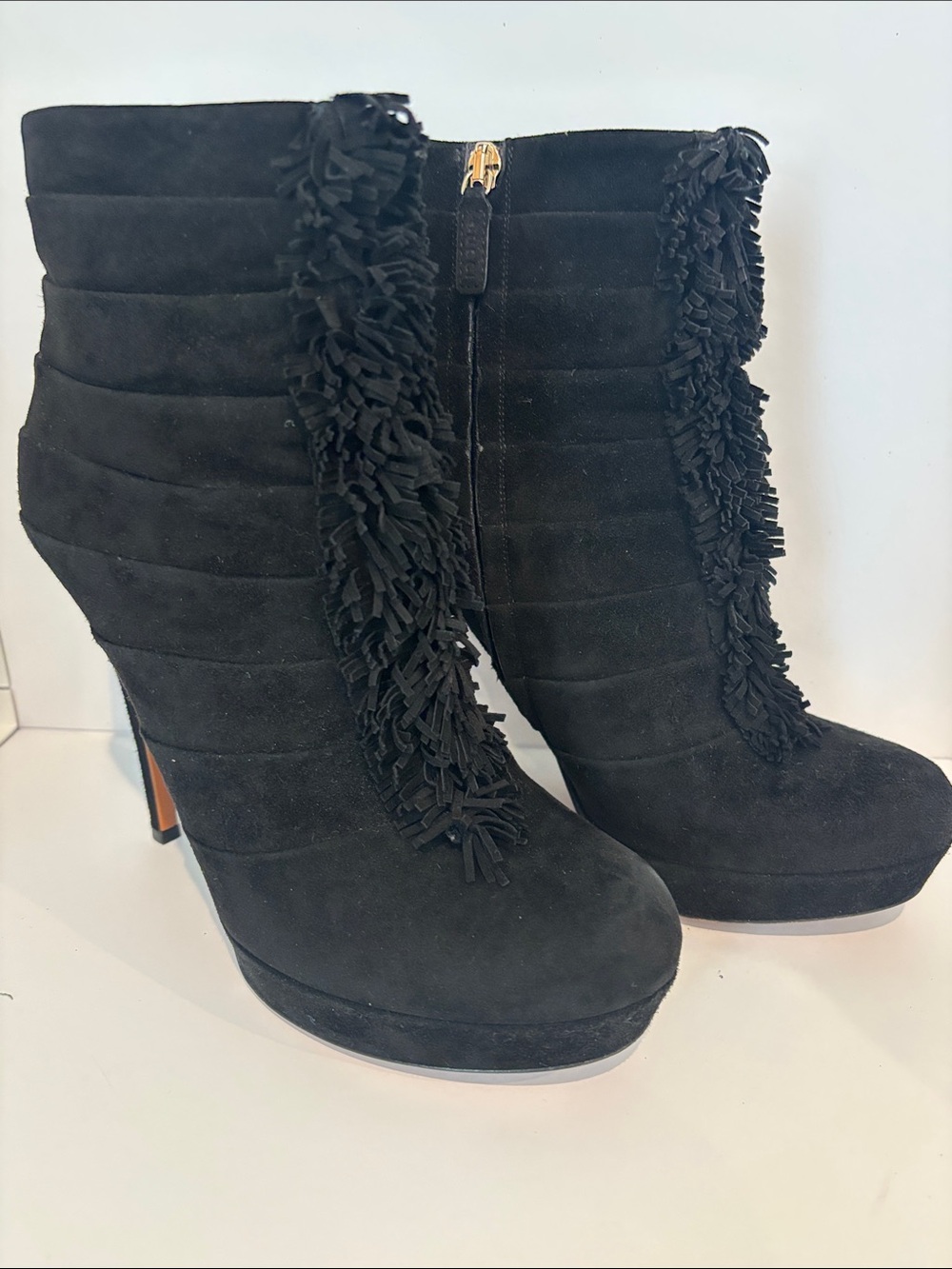 Gucci Black Suede Fringe Trim Platform Ankle Boots Booties Size 38.5 US 8.5